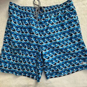 Speedo Mens Blue Wave Pattern Swim Trunks Shorts XL Mesh Lining Drawstring Waist